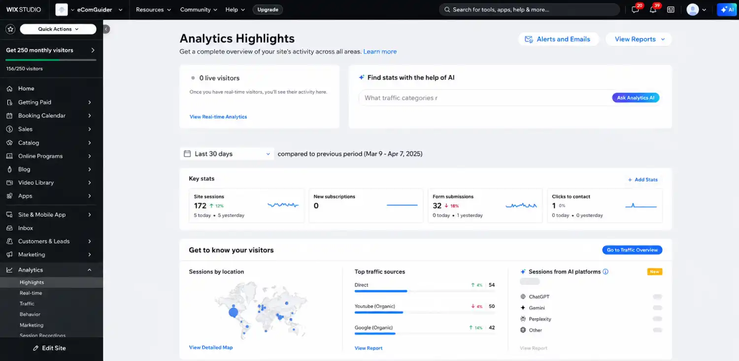Wix Studio analytics dashboard interface