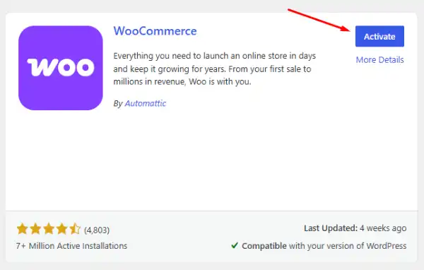 Activate the WooCommerce plugin after installation in WordPress