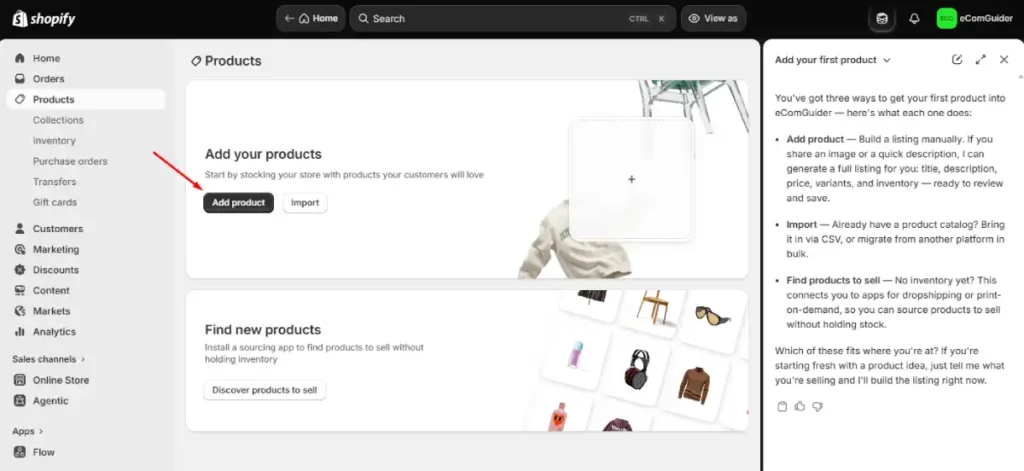Shopify products page with Add Product button for creating new product listings