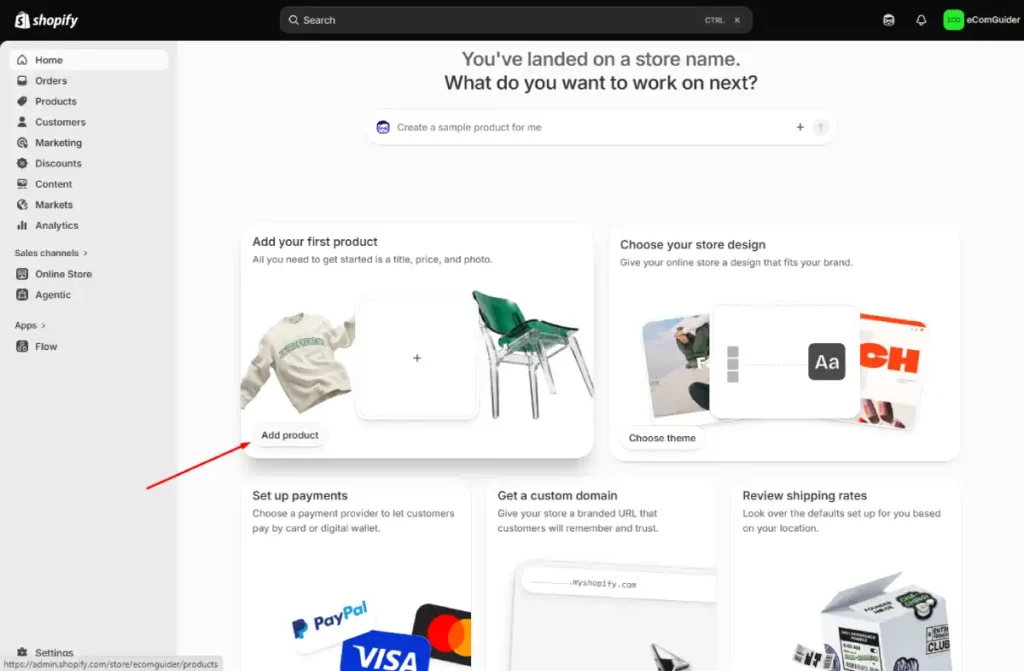 Add product button on Shopify dashboard for creating your first product listing