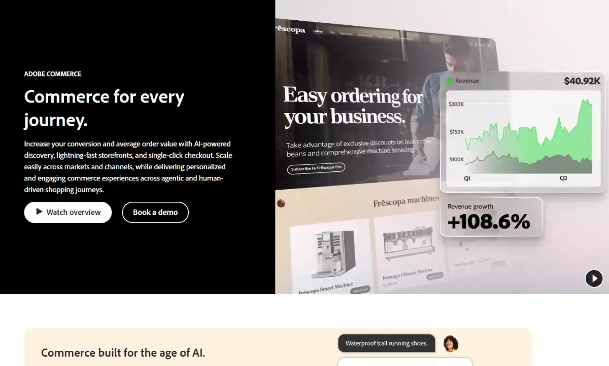 Adobe Commerce homepage with enterprise eCommerce platform and B2B features