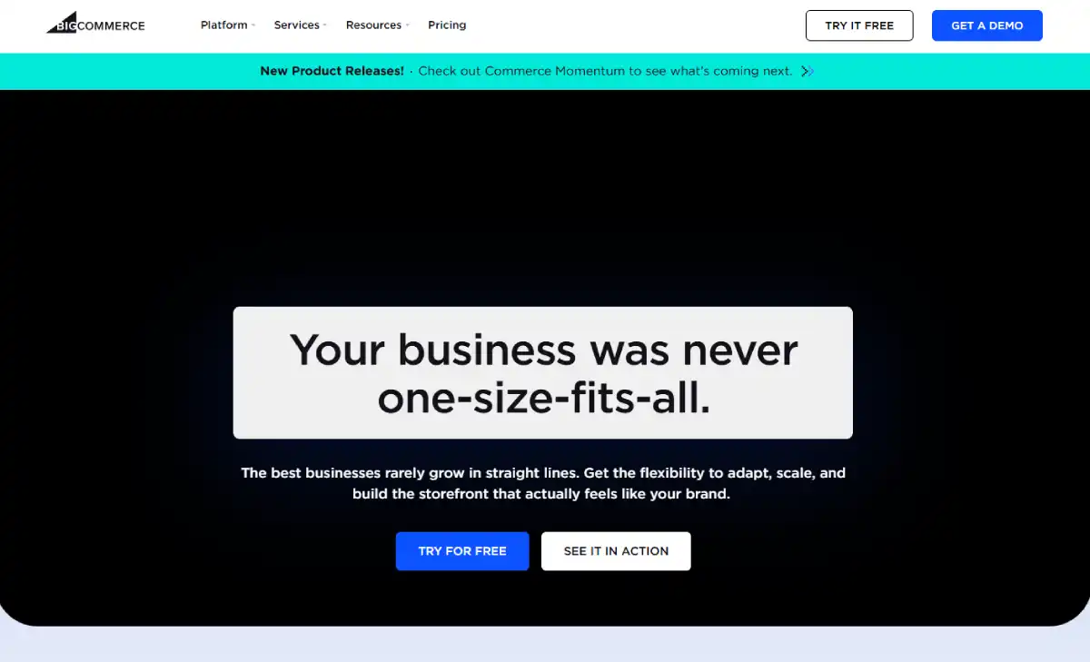BigCommerce homepage with enterprise eCommerce platform and online store features