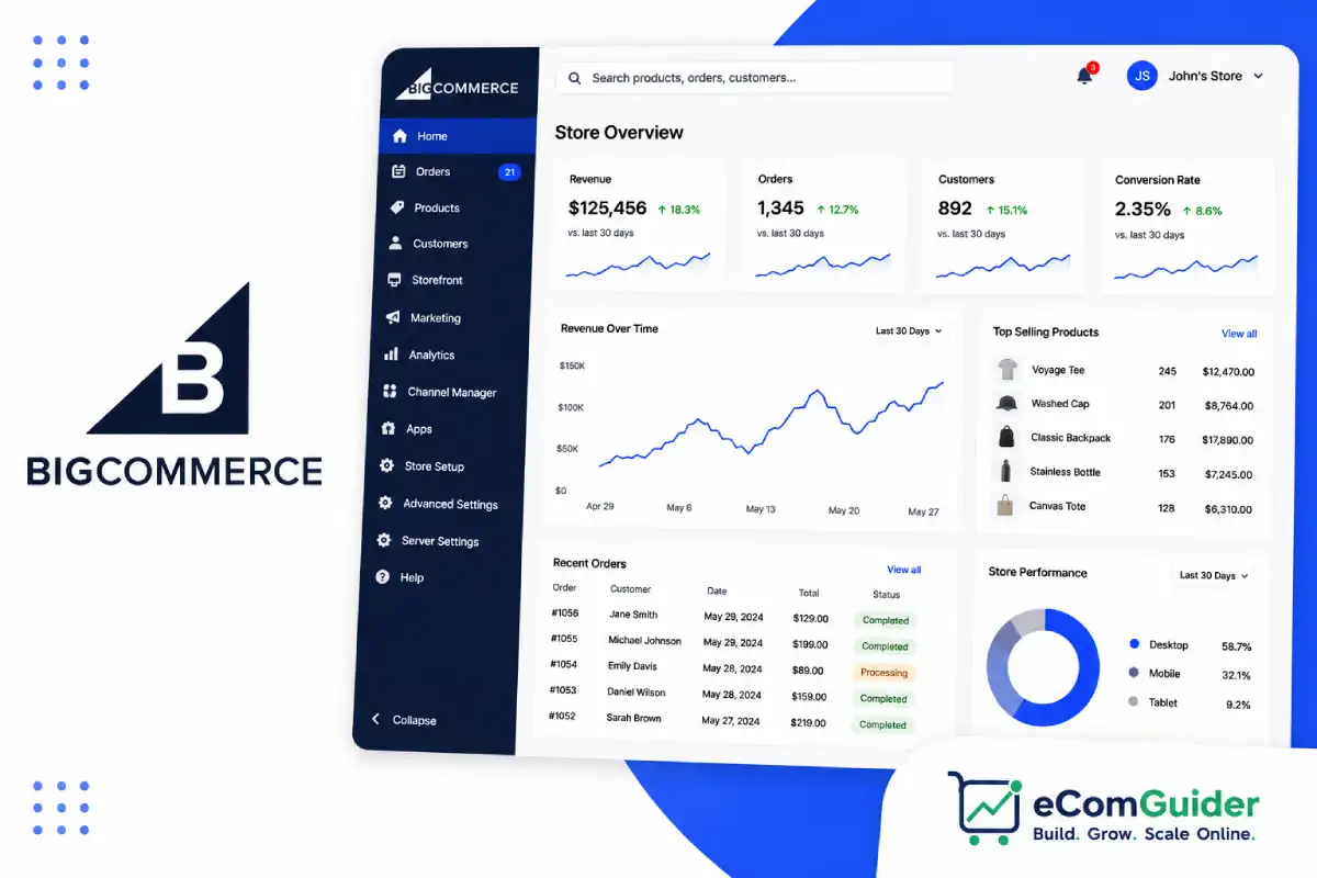 BigCommerce platform guide thumbnail featuring the BigCommerce dashboard and eCommerce management interface