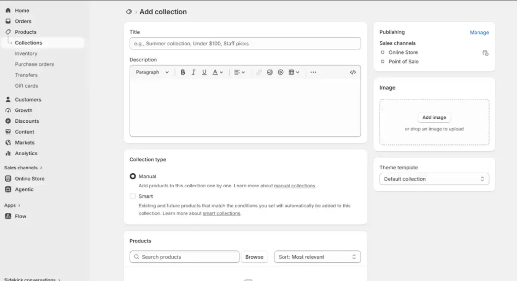 Create a new product collection in Shopify using manual or automated rules