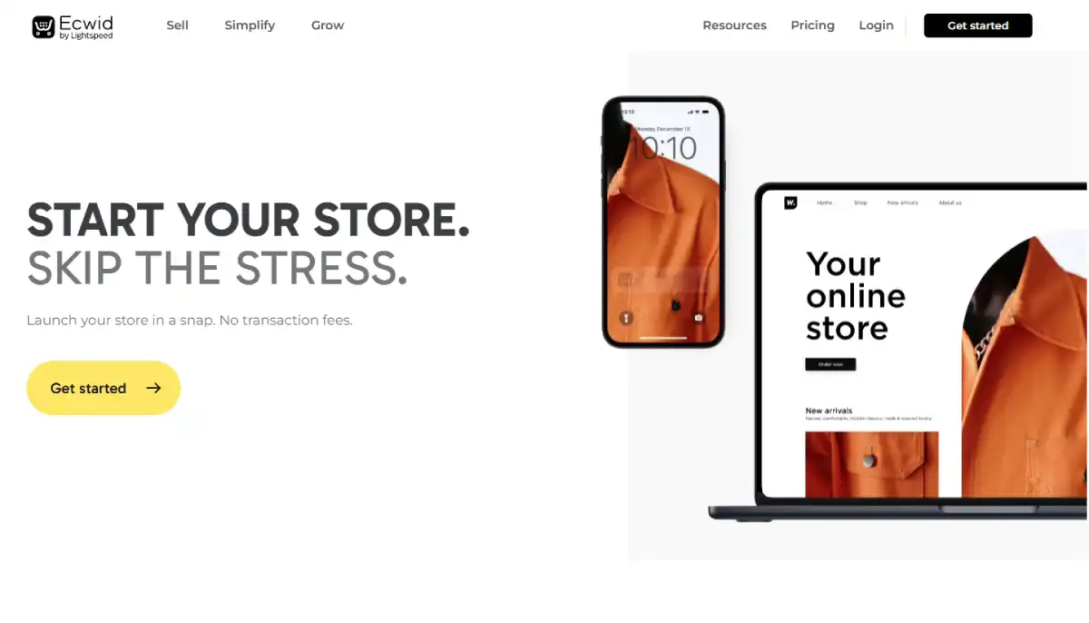 Ecwid eCommerce platform homepage with online store and multichannel selling features
