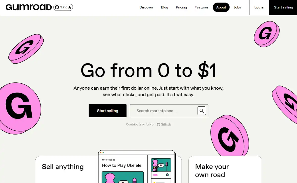 Gumroad homepage for selling digital products, memberships, and online content