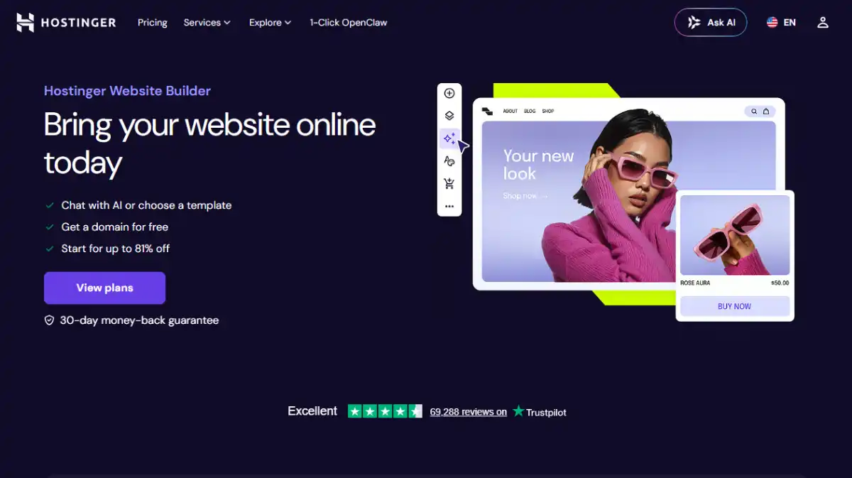 Hostinger website builder homepage with AI tools and drag-and-drop editor