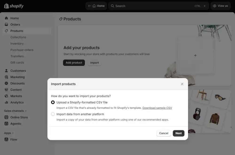 Shopify product import screen for uploading products using a CSV file
