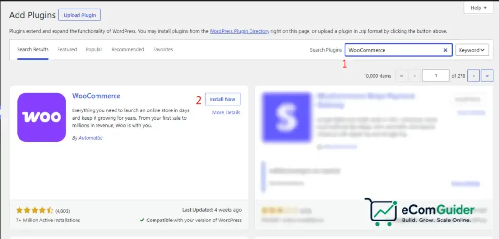Search and install WooCommerce plugin from the WordPress plugin directory