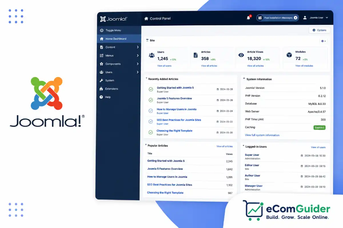 Joomla platform guide thumbnail featuring the Joomla admin dashboard and content management interface