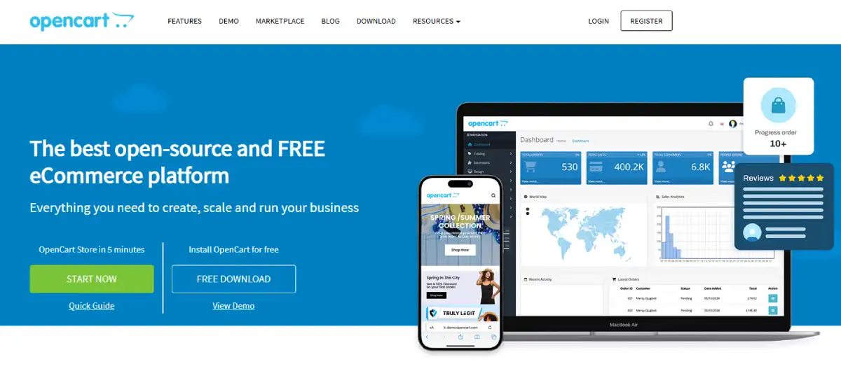 OpenCart homepage with open-source eCommerce platform and online store features