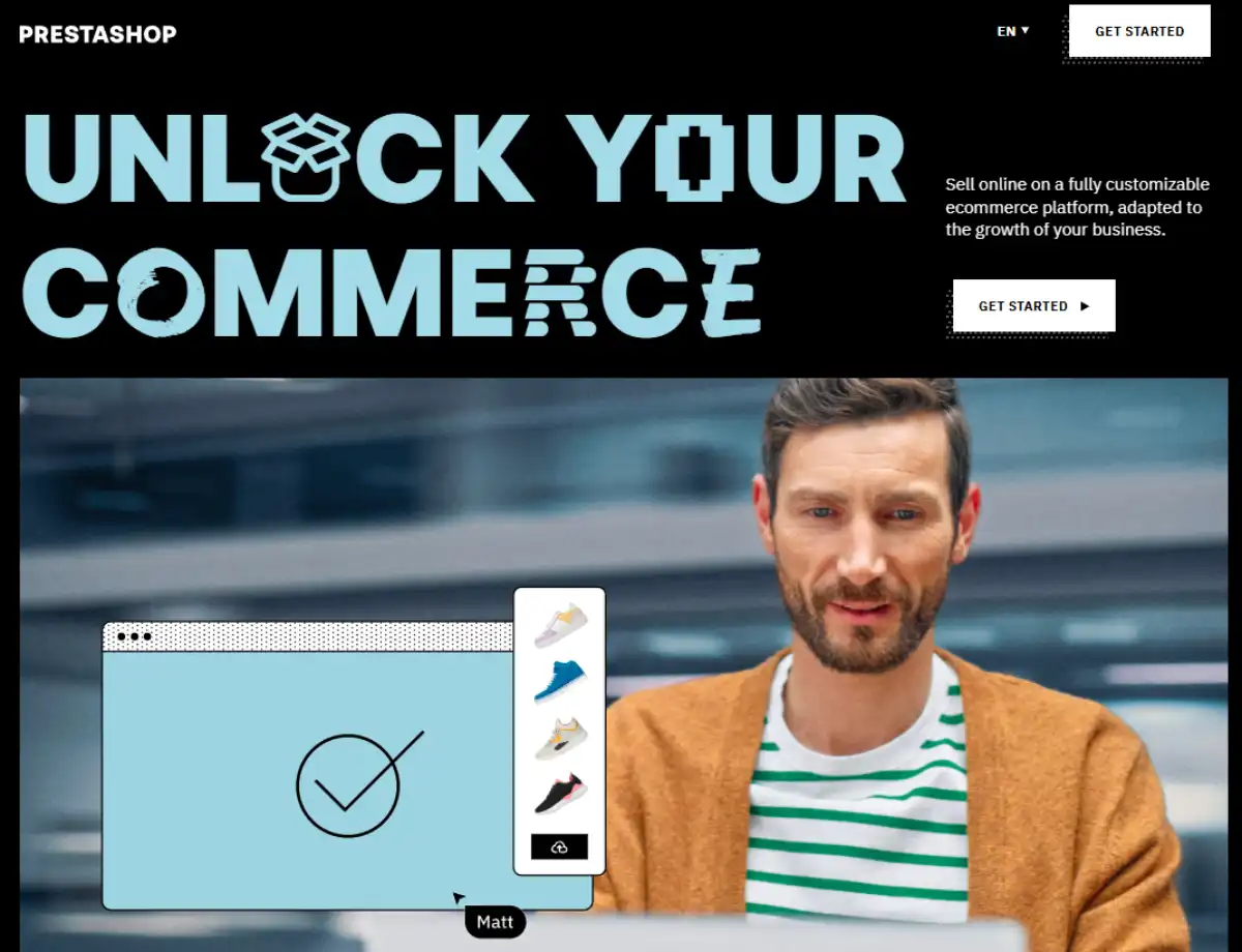 PrestaShop homepage with open-source eCommerce platform and online store features