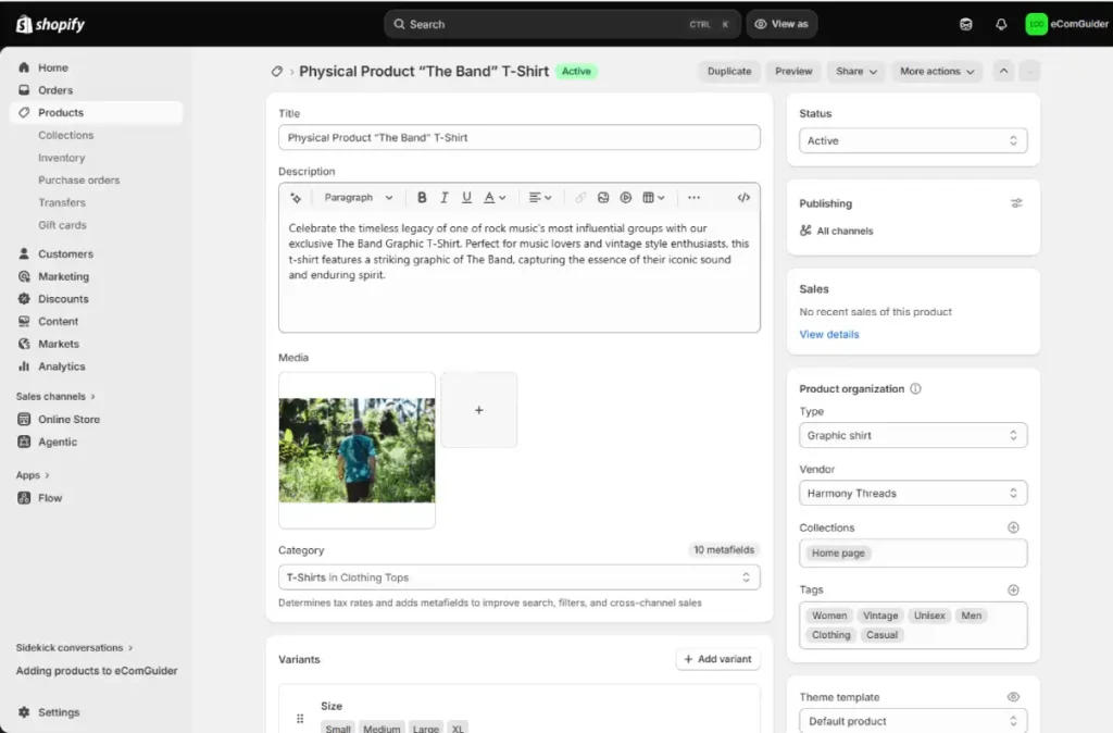 Shopify product editor showing title, description, images, category, pricing, and organization settings