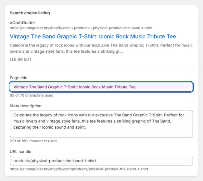 Shopify search engine listing editor with SEO title, meta description, and URL handle settings