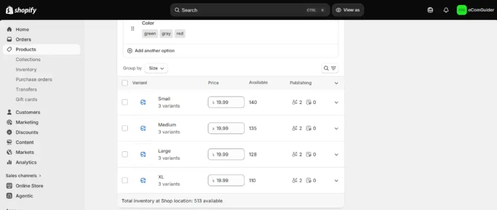 Shopify product variants section showing size and color options with inventory and pricing controls