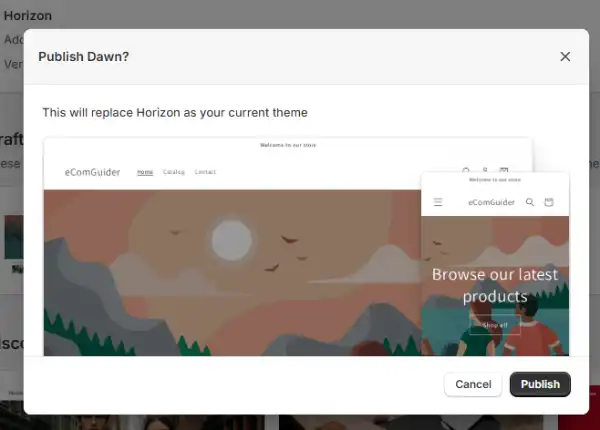 Shopify confirmation popup asking to publish and replace the current active theme