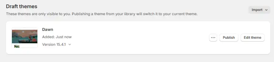 Shopify theme library showing the Publish button for activating a store theme