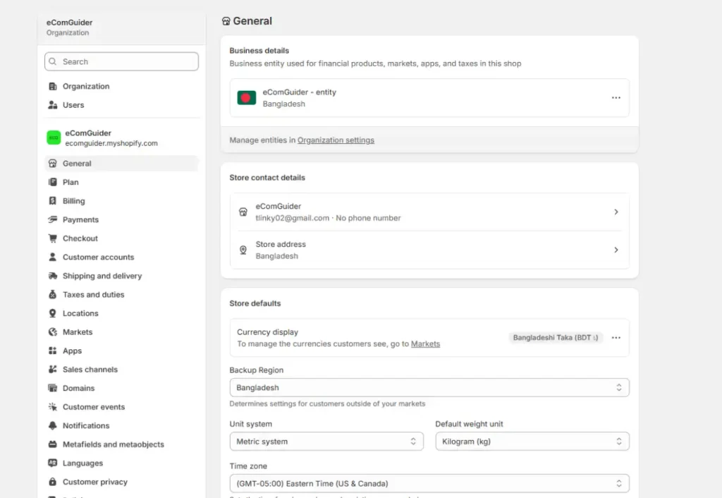 Configure business details, store information, currency, and regional settings in Shopify