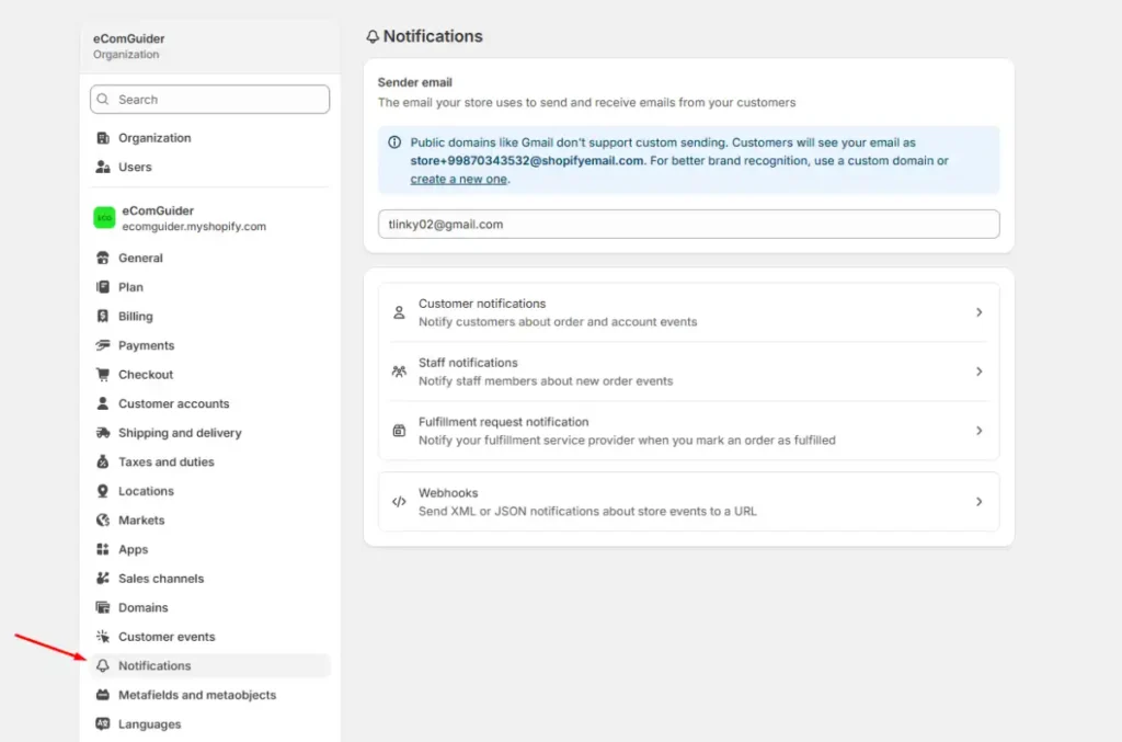 Configure customer, staff, and order notification emails in Shopify