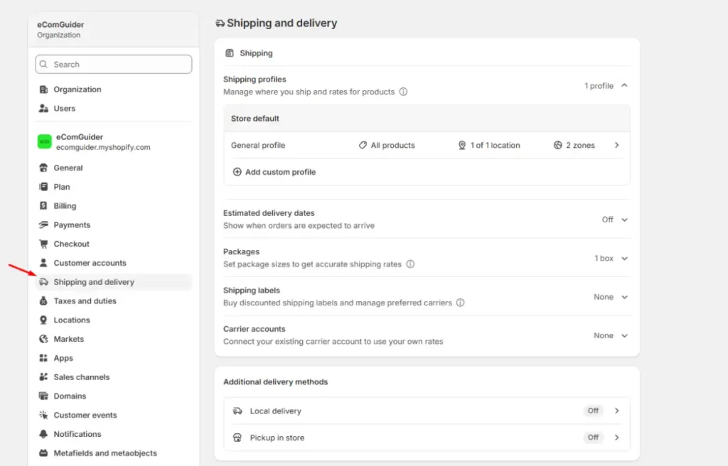 Configure shipping rates, delivery methods, and shipping profiles in Shopify