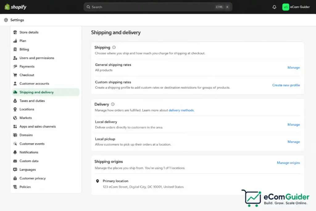 how to configure Shopify shipping settings and delivery options