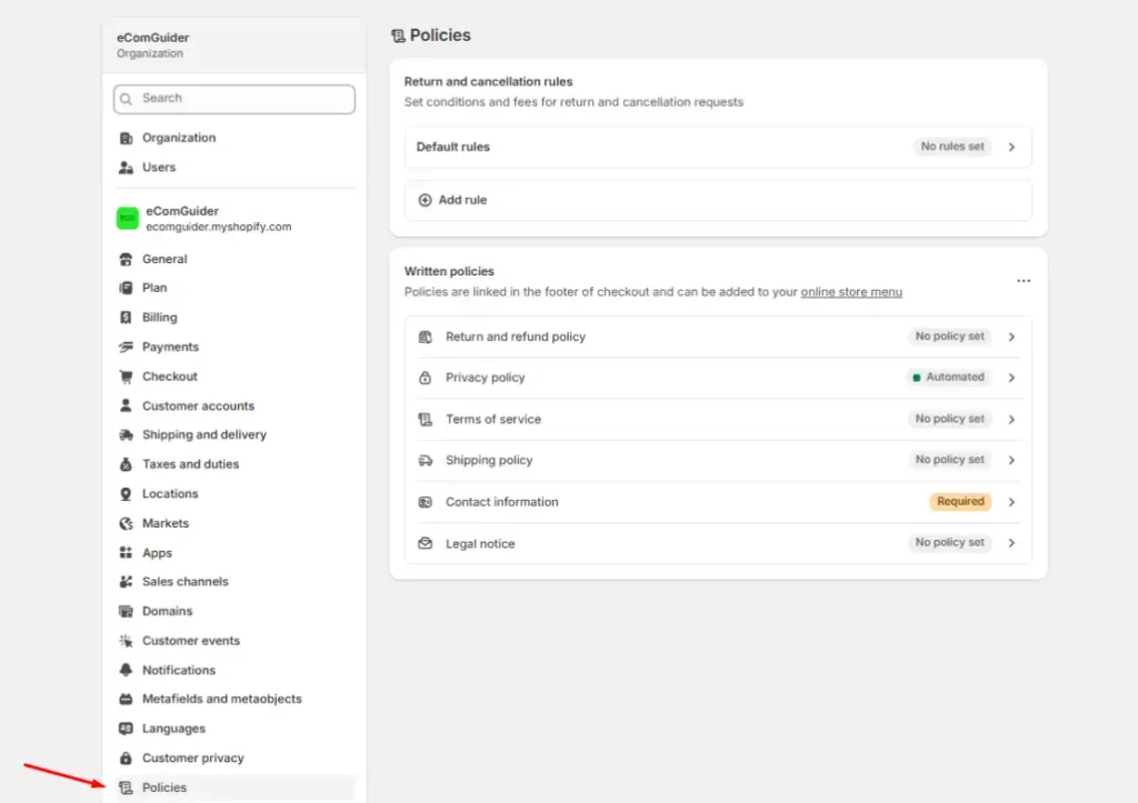 Create and manage return, refund, privacy, shipping, and legal policies in Shopify