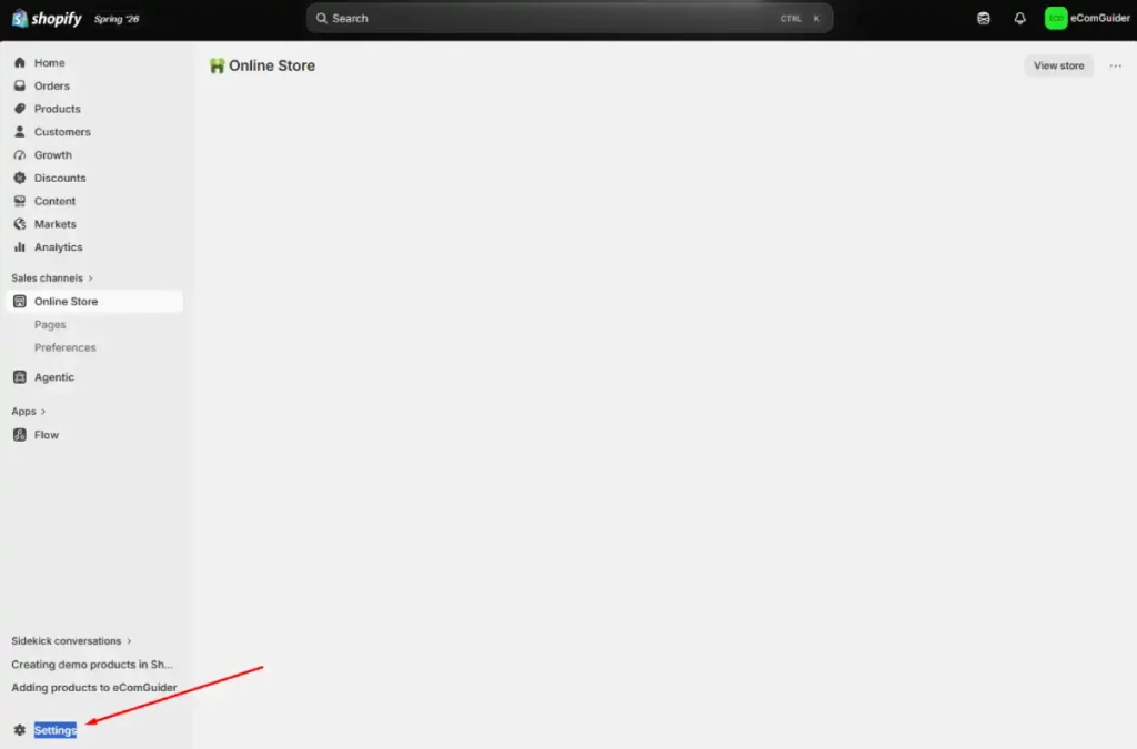 Access Shopify store settings from the Shopify admin dashboard