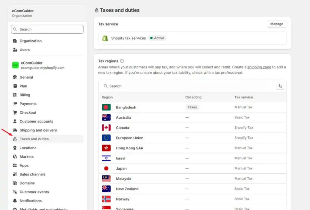 Manage tax regions, tax services, and tax collection settings in Shopify