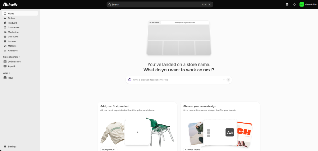 Shopify dashboard welcome screen with store setup tasks and navigation menu
