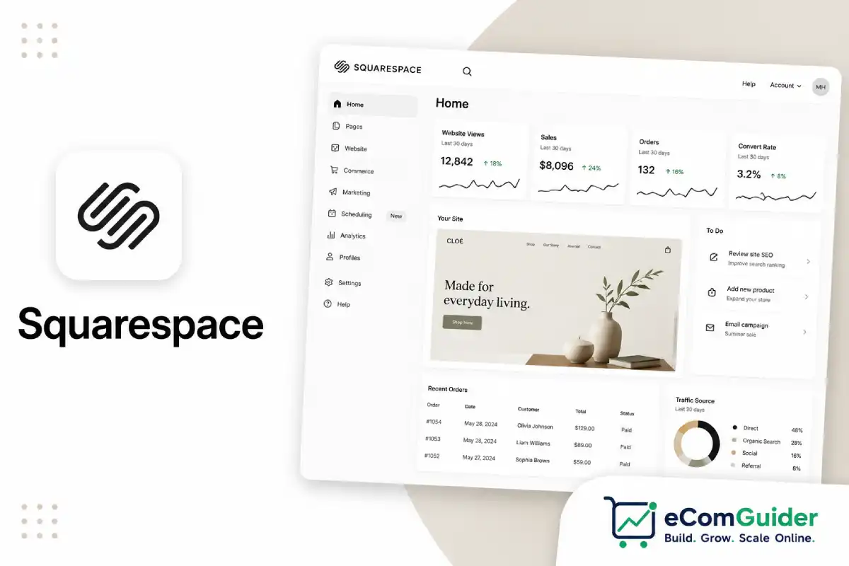 Squarespace platform guide thumbnail featuring the Squarespace dashboard and website builder interface