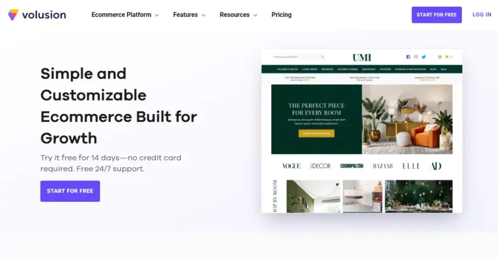 Volusion homepage with eCommerce store builder and online selling features