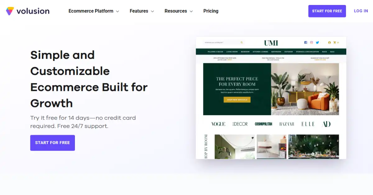Volusion homepage with eCommerce store builder and online selling features