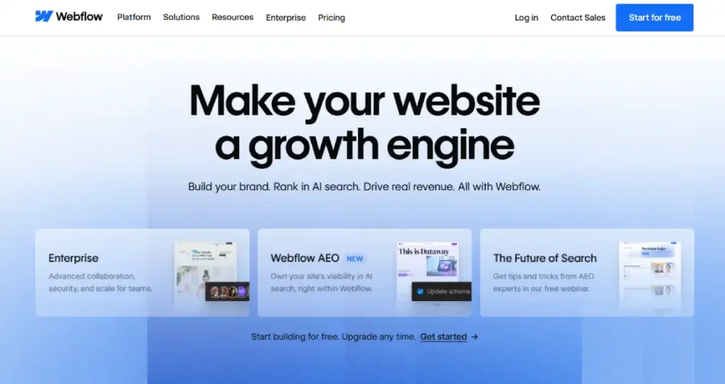 Webflow website builder homepage with visual web design and CMS features