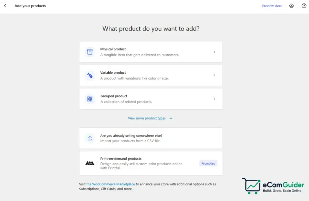 Choose a product type when adding a new product in WooCommerce