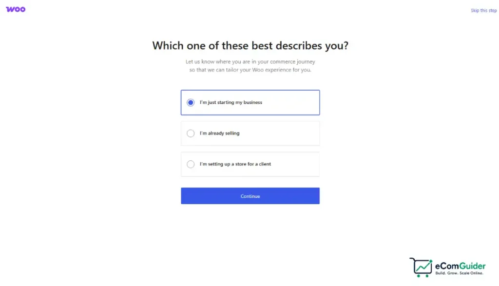 WooCommerce setup wizard business stage selection screen