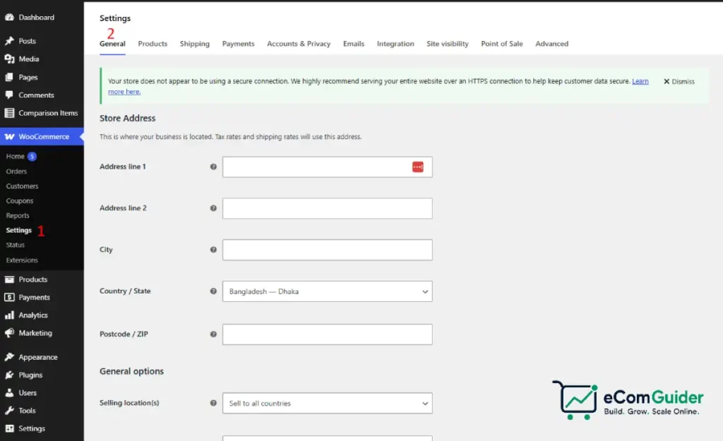 Configure store address and general settings in WooCommerce