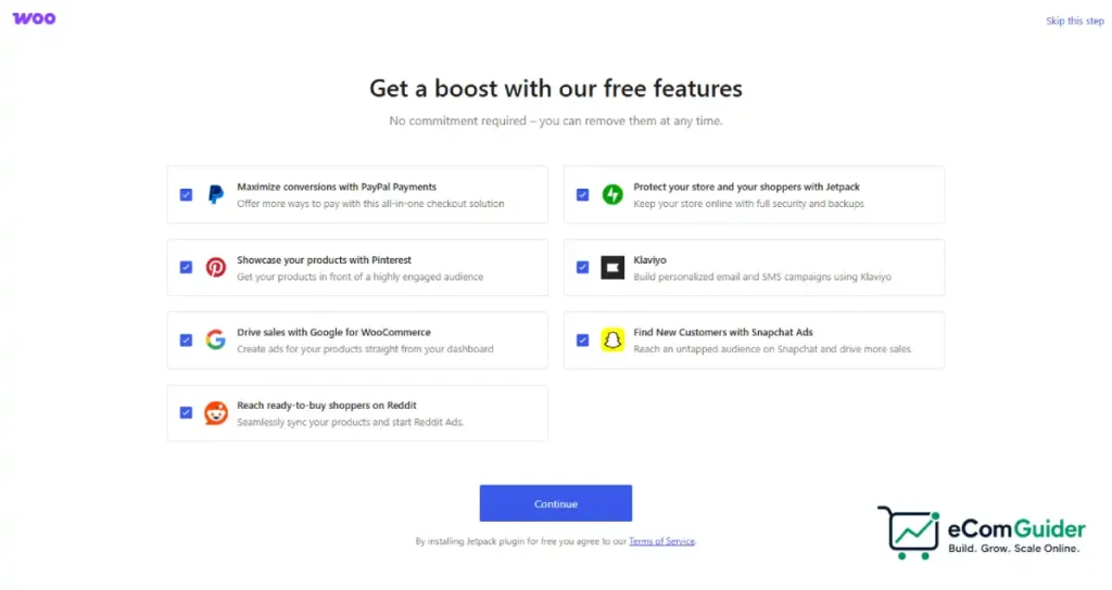 WooCommerce setup screen showing recommended features and marketing integrations