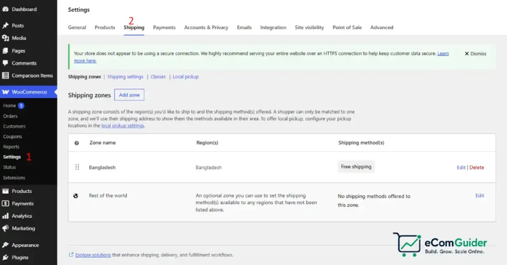 Configure shipping zones and shipping methods in WooCommerce