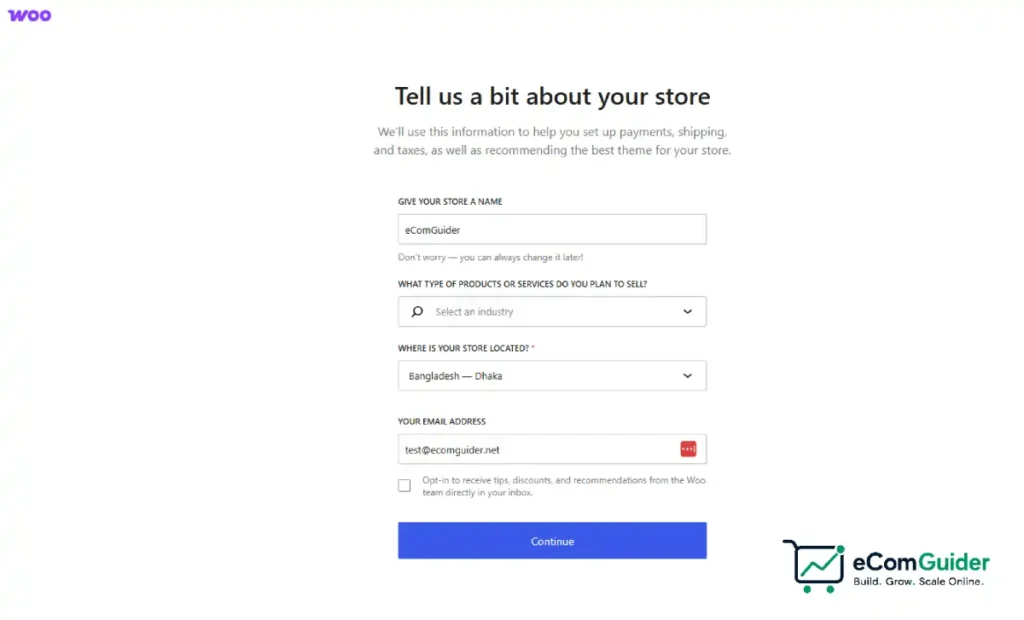 Enter store name, industry, location, and email address in WooCommerce setup wizard