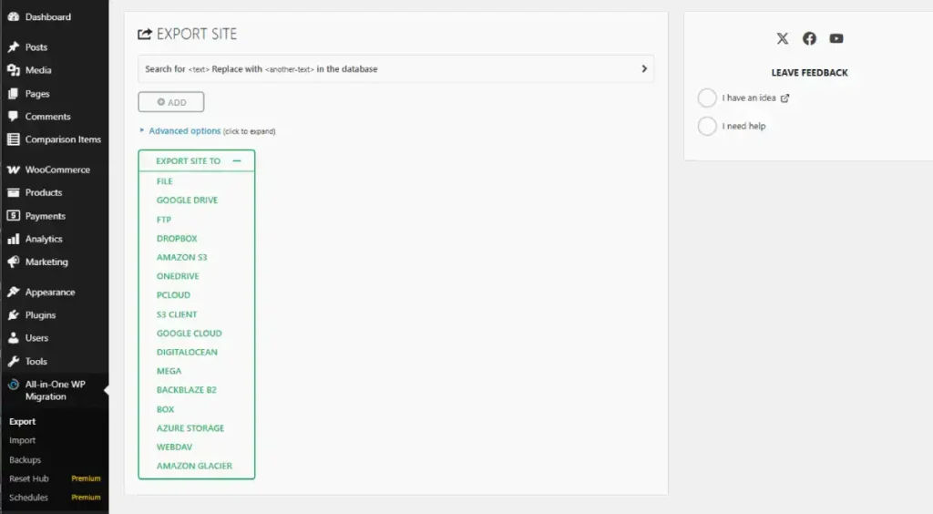 All-in-One WP Migration export screen in the WordPress dashboard.
