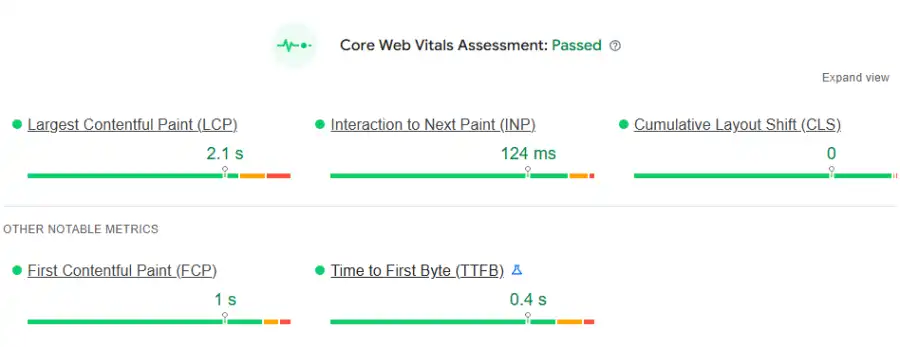 Google PageSpeed Insights Time to First Byte (TTFB) test results