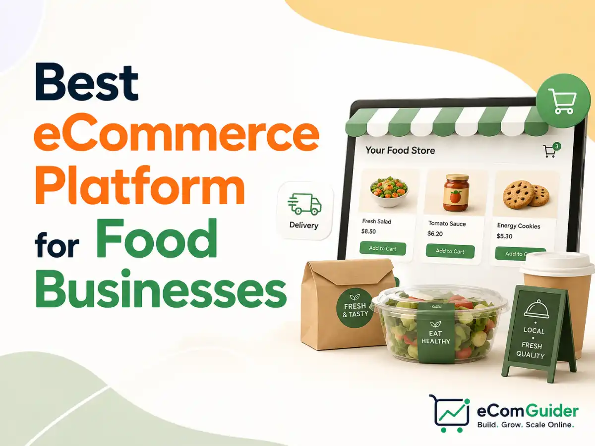 Best eCommerce platform for food businesses comparison featuring an online food store with packaged food products, delivery, and digital storefront