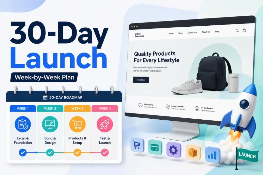 30-day ecommerce launch timeline with four weekly phases from legal setup to store launch