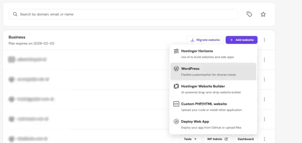 Hostinger dashboard showing the Add website menu with the WordPress installation option selected