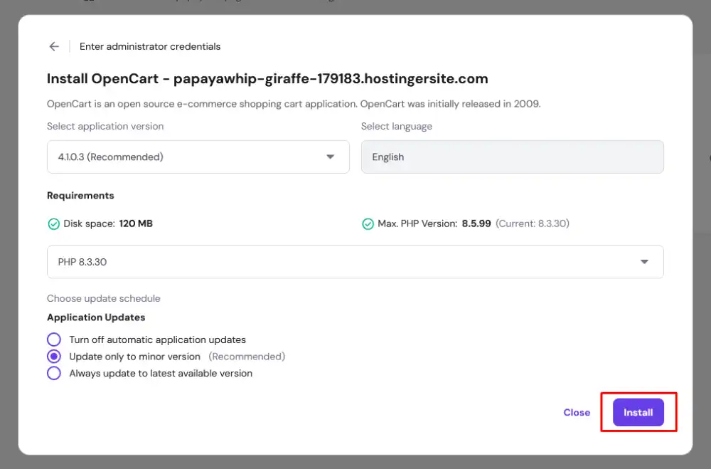 Hostinger OpenCart installation final step