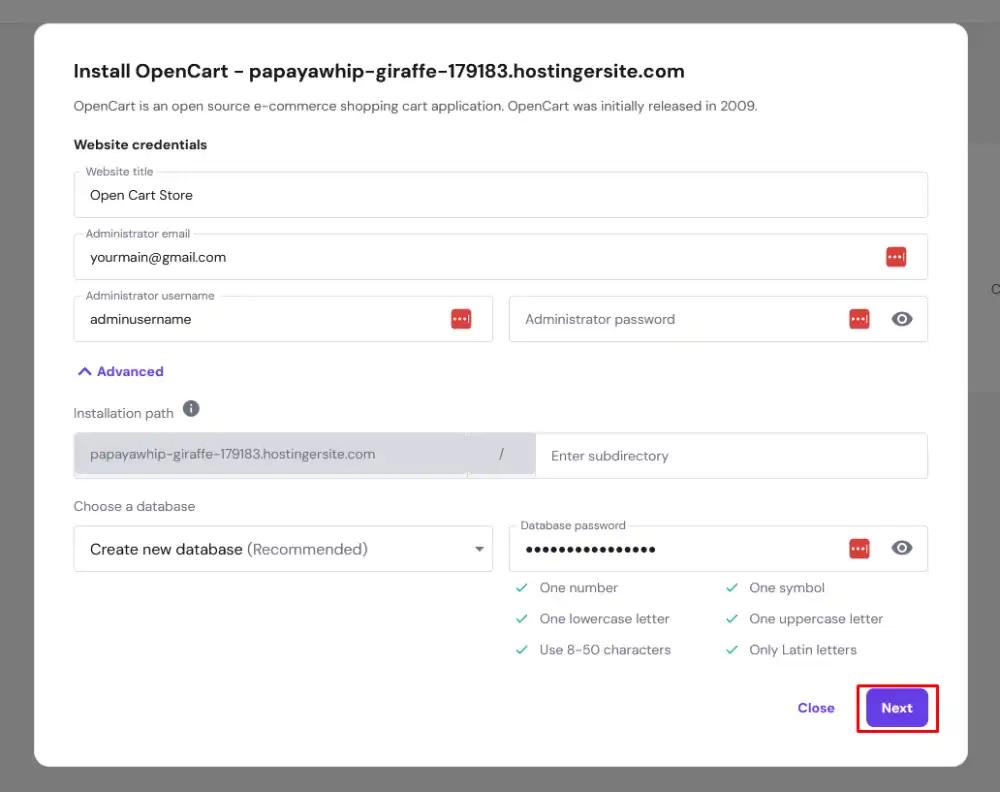 How to install OpenCart in Hostinger