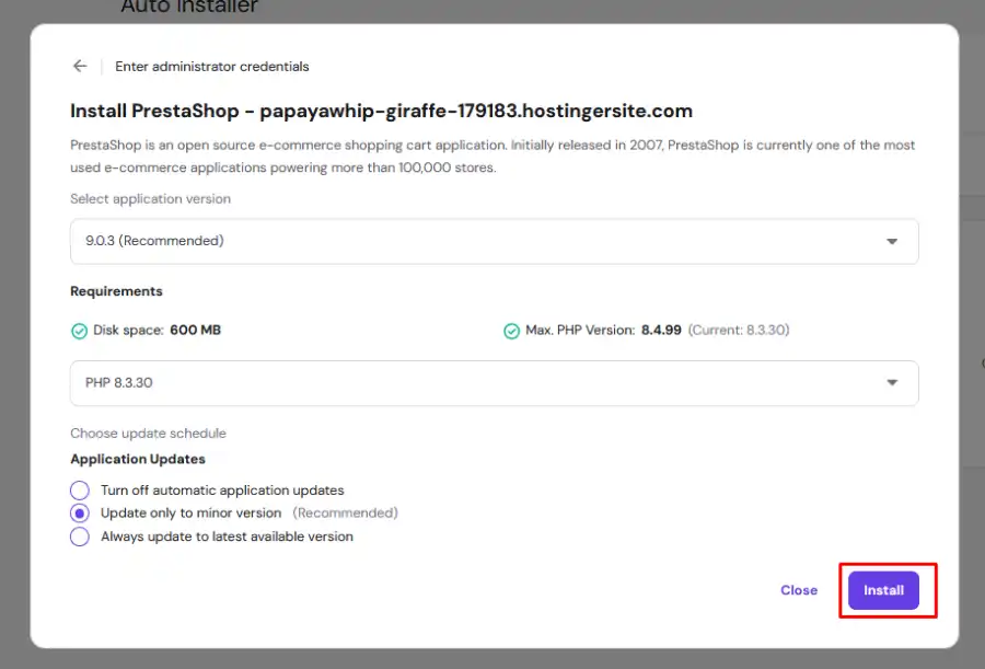 PrestaShop install confirmation in Hostinger