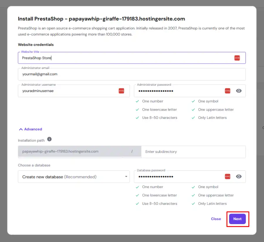 PrestaShop installation settings in Hostinger