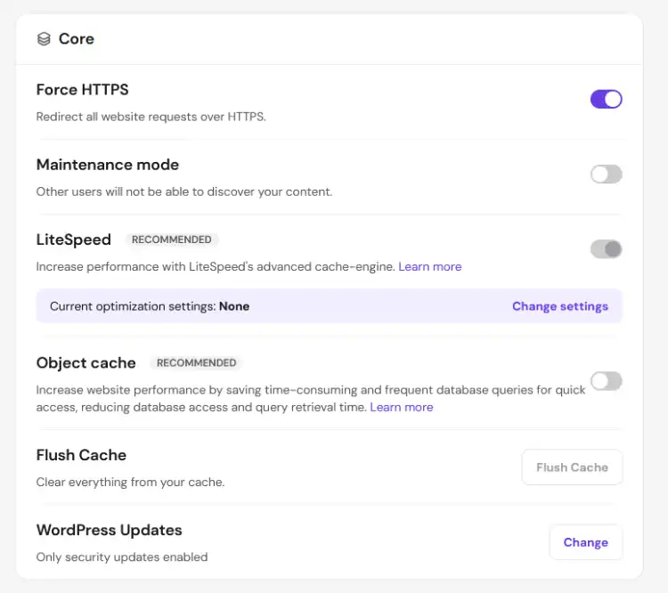 Hostinger control panel showing WooCommerce performance settings with HTTPS, LiteSpeed cache, and object cache options