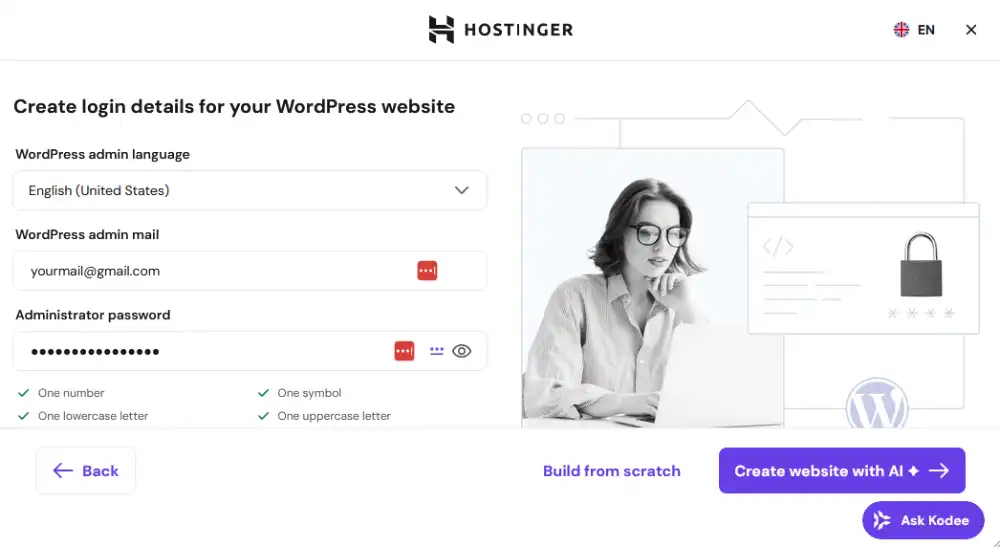 Hostinger WordPress setup screen for creating the administrator email, password, and language settings